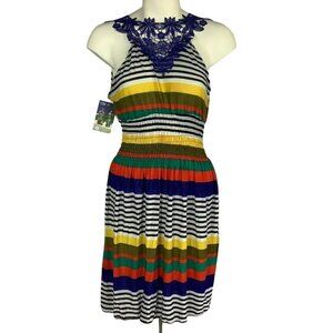 CM Crochet Purple Applique Beach Babydoll Stripe Mini Dress Sz. Jr Large NWT